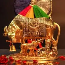 Metal Kamdhenu Cow with Calf and Krishna Figurine Decorative Showpiece