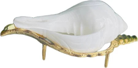 Decorative Religious White Shankh with Brass Stand, 10 cm Non-Blowing Conch Shell with 11 cm Pure Brass Stand for Pooja & Home Decor