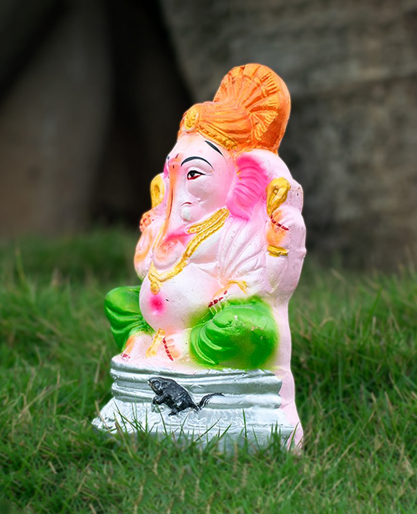 Eco Friendly Ganesha In Orange Pagadi 8 Inch Puja N Pujari