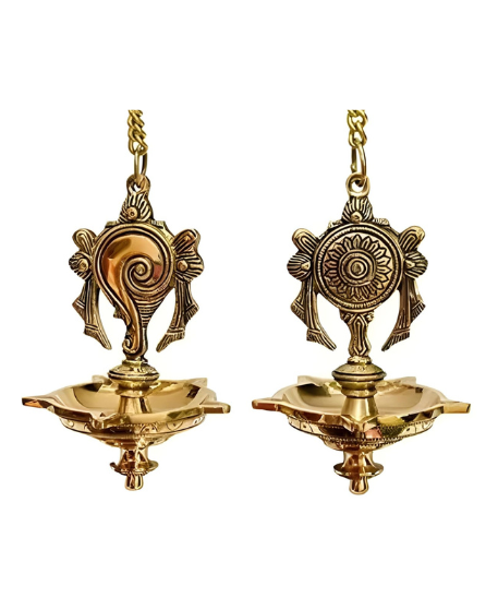 Brass Hanging Shankh Chakra Diya, Vishnu Diya, Hanging Kuthu Vilakku 5 Wicks With Chain