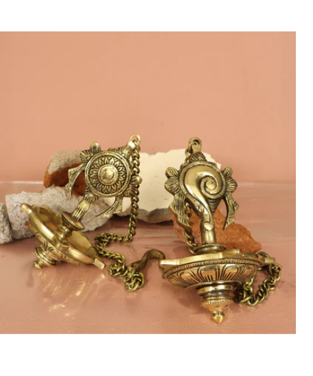 Brass Hanging Shankh Chakra Diya, Vishnu Diya, Hanging Kuthu Vilakku 5 Wicks With Chain