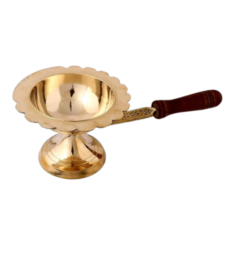 Brass Aarti Lamp/Dhoop Stand with Wooden Handle (Golden)