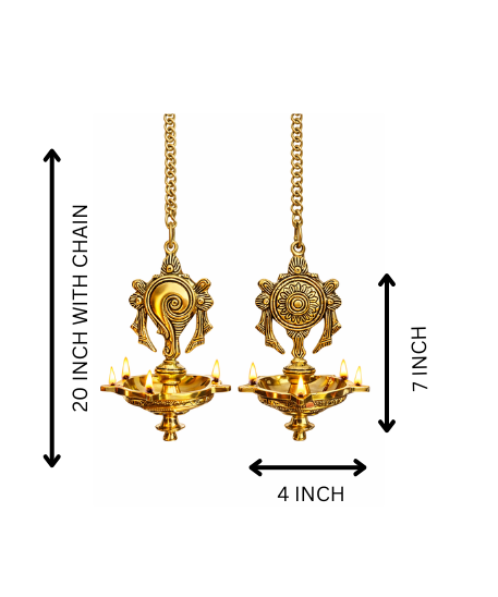 Brass Hanging Shankh Chakra Diya, Vishnu Diya, Hanging Kuthu Vilakku 5 Wicks With Chain
