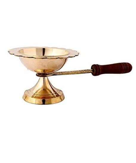Brass Aarti Lamp/Dhoop Stand with Wooden Handle (Golden)