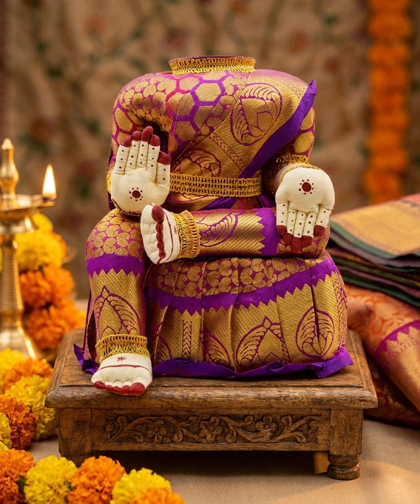 Varamahalakshmi Idol With Violet And Gold Saree