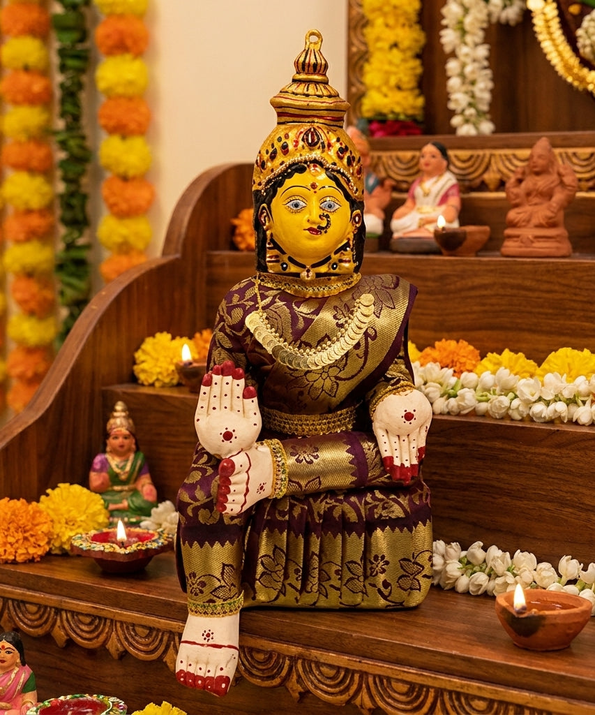 Varamahalakshmi Idol Gold and Maroon Saree