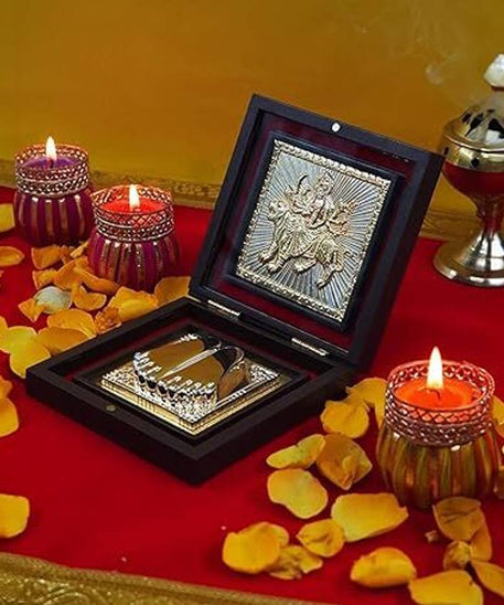 Silver Plated Durgamata Box Photo Frame with Shubh Labh Charan Paduka Decorative Showpiece