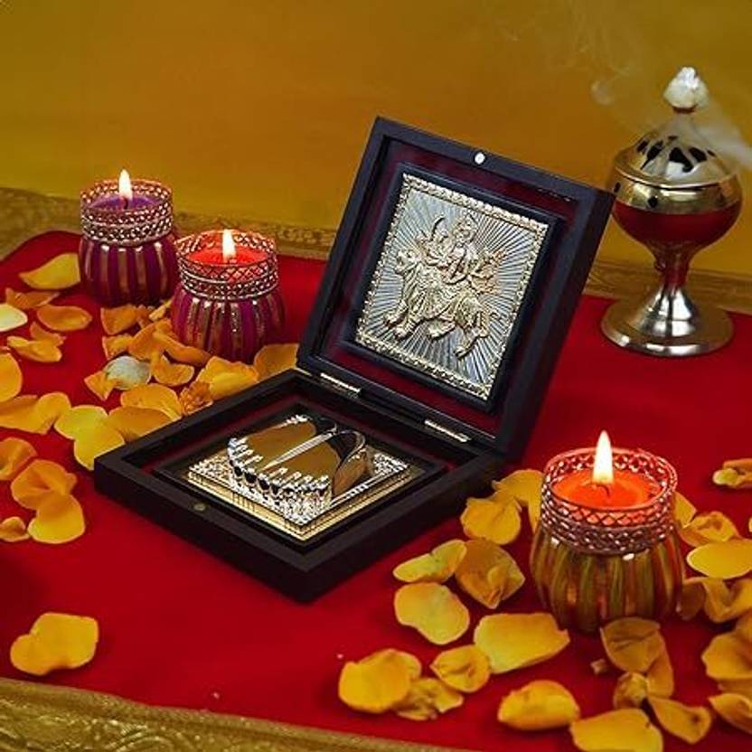 Silver Plated Durgamata Box Photo Frame with Shubh Labh Charan Paduka Decorative Showpiece