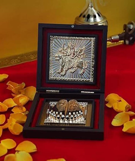 Silver Plated Durgamata Box Photo Frame with Shubh Labh Charan Paduka Decorative Showpiece