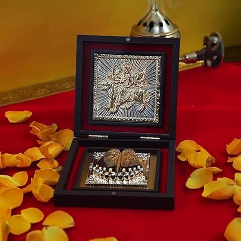 Silver Plated Durgamata Box Photo Frame with Shubh Labh Charan Paduka Decorative Showpiece
