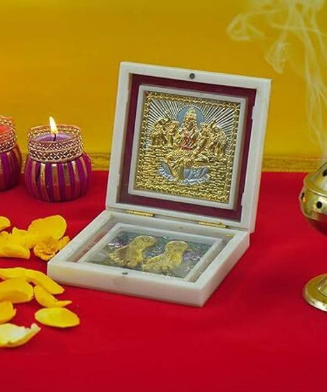 Gold Plated Lakshmi Photo Frame with Shubh Labh Charan Paduka for Pooja Room, Return Pooja Gift Box Set
