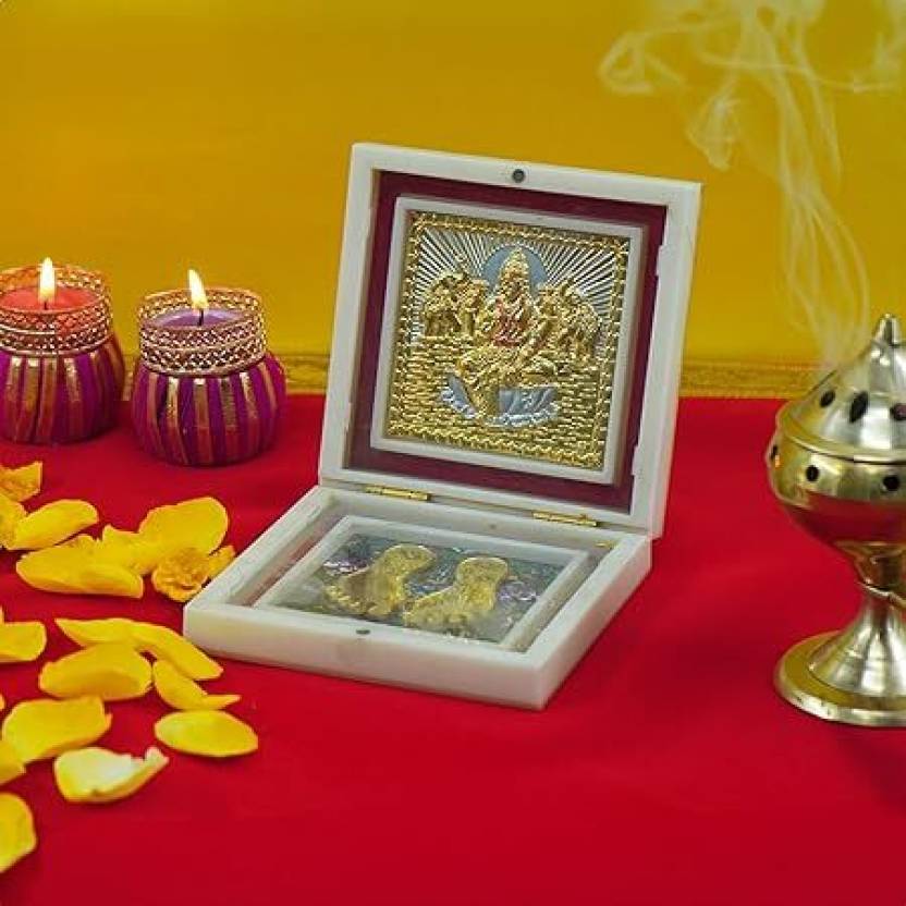 Gold Plated Lakshmi Photo Frame with Shubh Labh Charan Paduka for Pooja Room, Return Pooja Gift Box Set