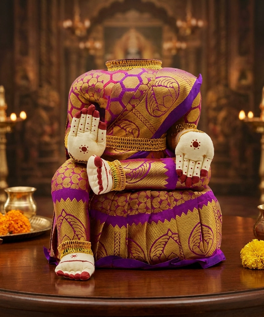 Varamahalakshmi Idol With Violet And Gold Saree