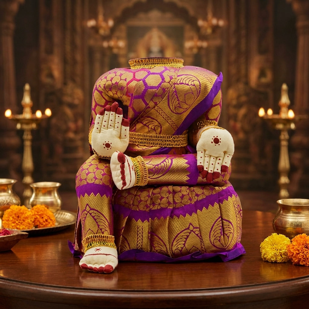 Varamahalakshmi Idol With Violet And Gold Saree