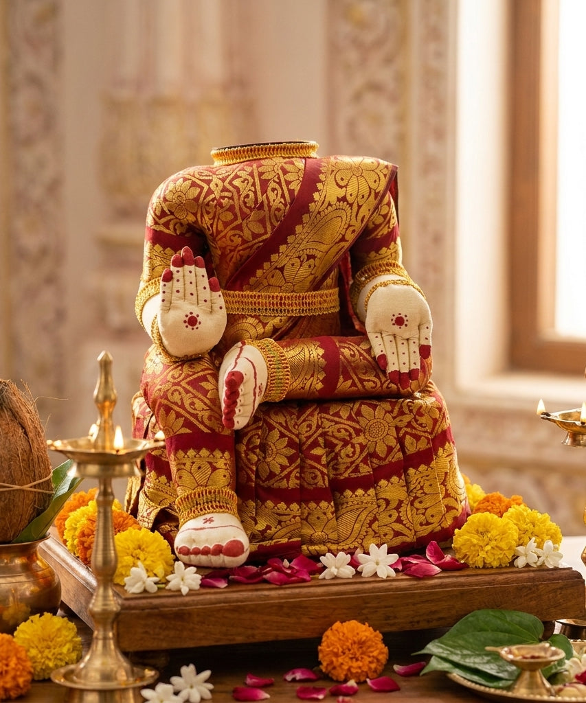 Varamahalakshmi Doll In Brown Gold Saree Amman Idol