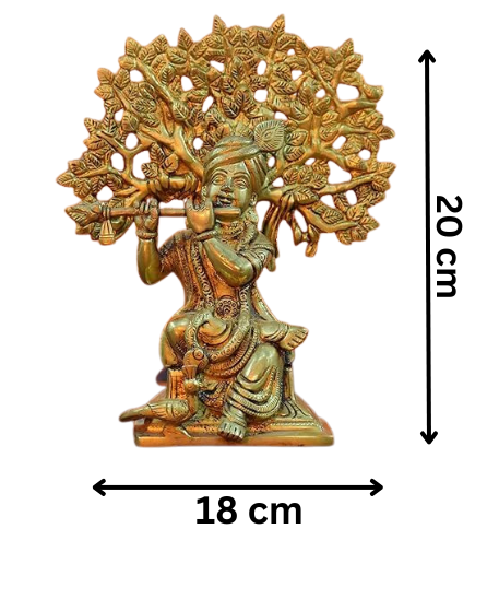Lord Krishna Sitting Under a Tree with Peacock Brass Statue