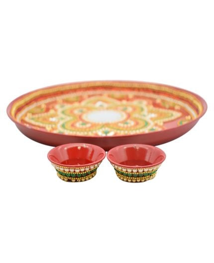 Handcrafted Flower Design Thali with Diya and Kumkum Haldi Holder