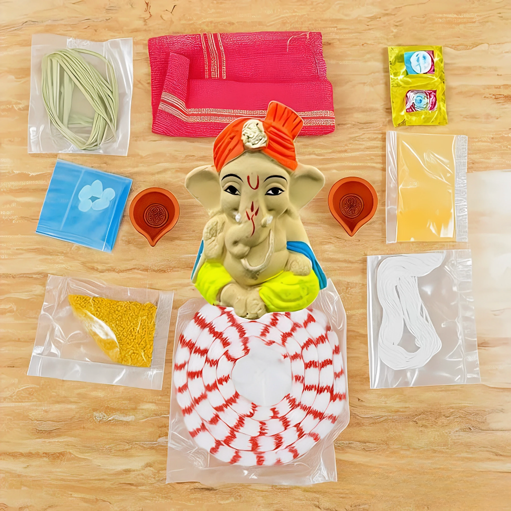Ganesha Puja Samagri Kit with Clay Ganesha Murti – 10 Essential Items for Ganpati Pooja, Ganesh Chaturthi & Ganesha Pujan | Complete Puja Set for Home Temple & Festival Rituals