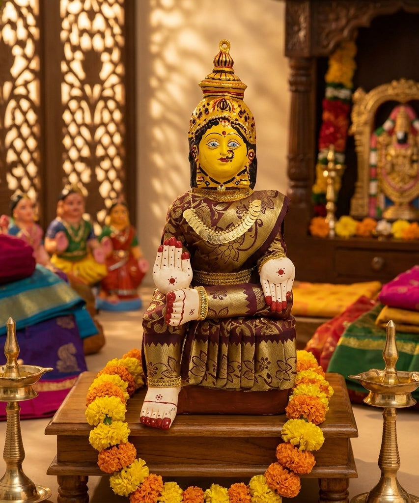 Varamahalakshmi Idol Gold and Maroon Saree