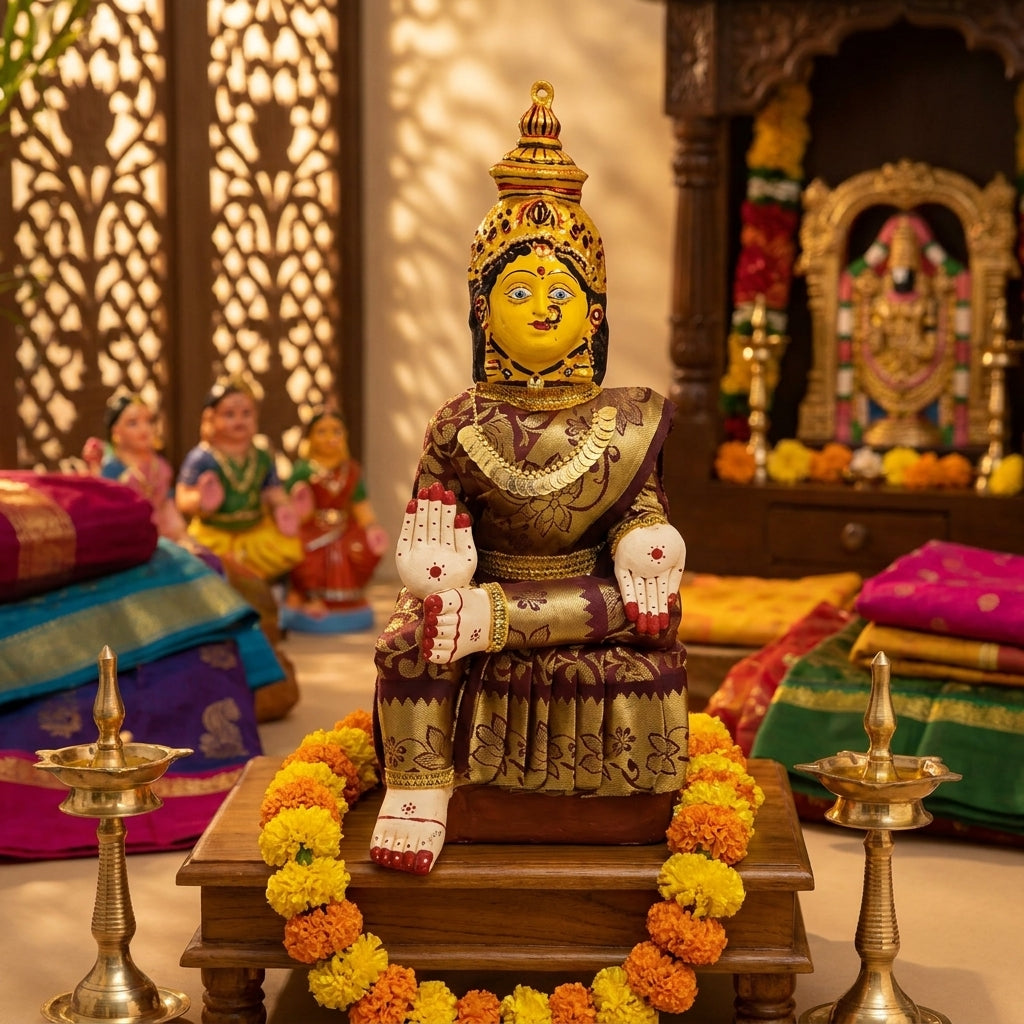 Varamahalakshmi Idol Gold and Maroon Saree