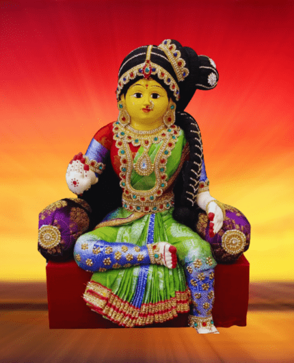 Varamahalakshmi Idol With Ornaments in Green And Red Saree