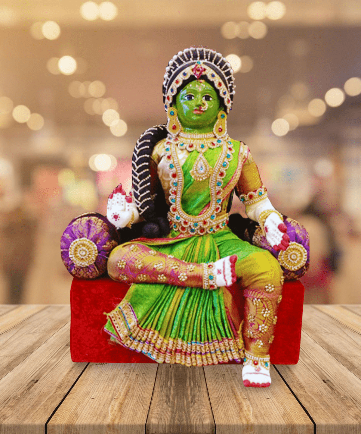 Varamahalakshmi Idol With Ornaments in Green and Yellow saree