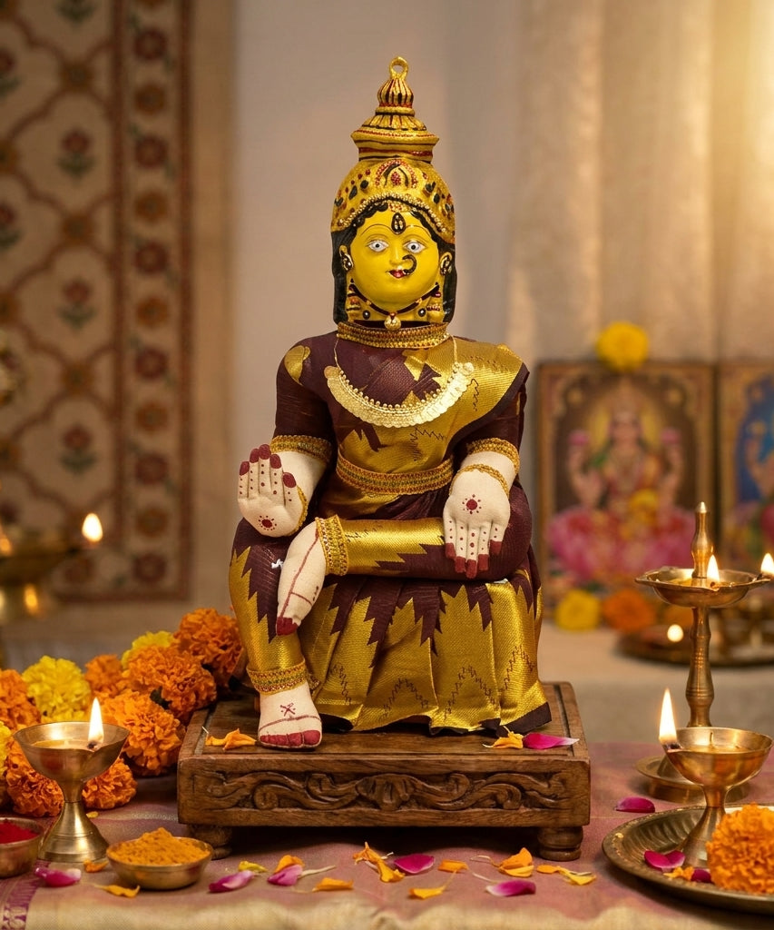 Varamahalakshmi Idol Gold and Maroon Saree