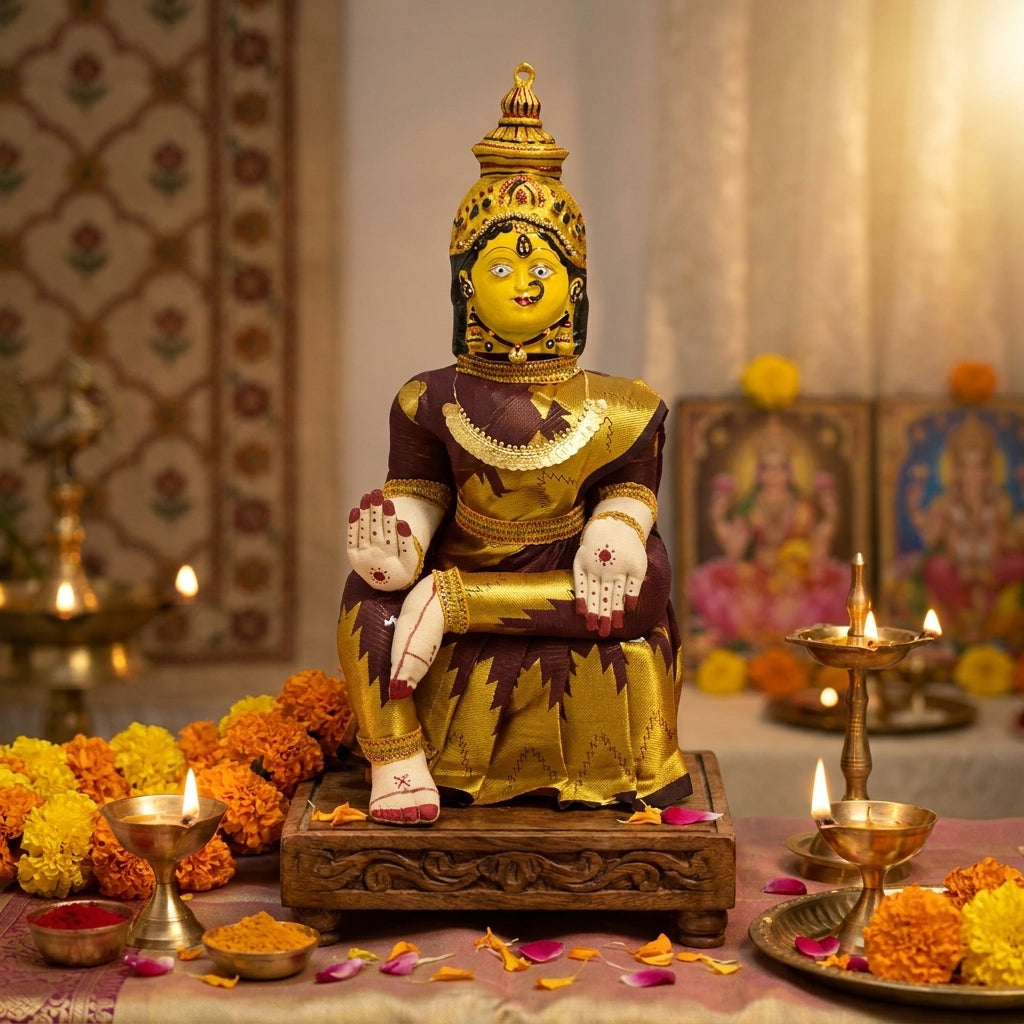Varamahalakshmi Idol Gold and Maroon Saree