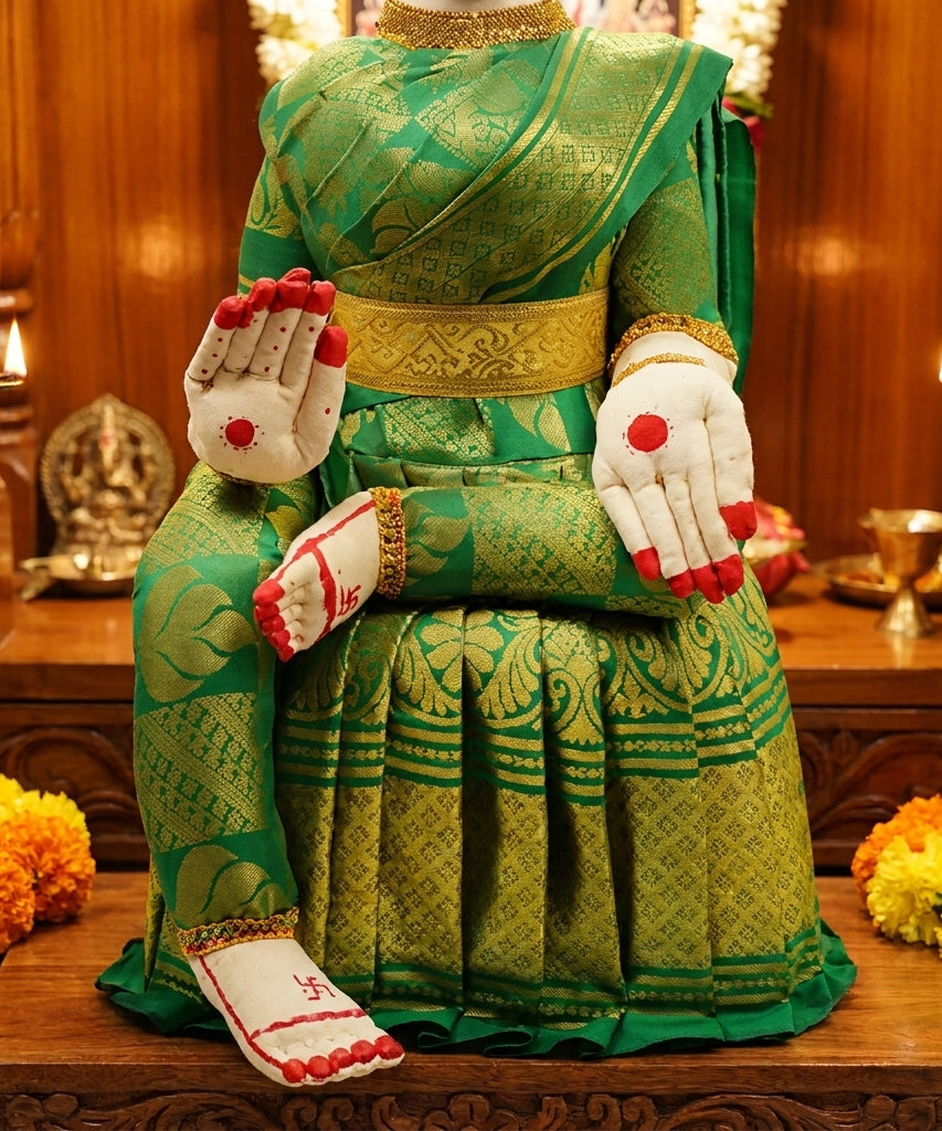 Varamahalakshmi Idol With Green And Gold Saree