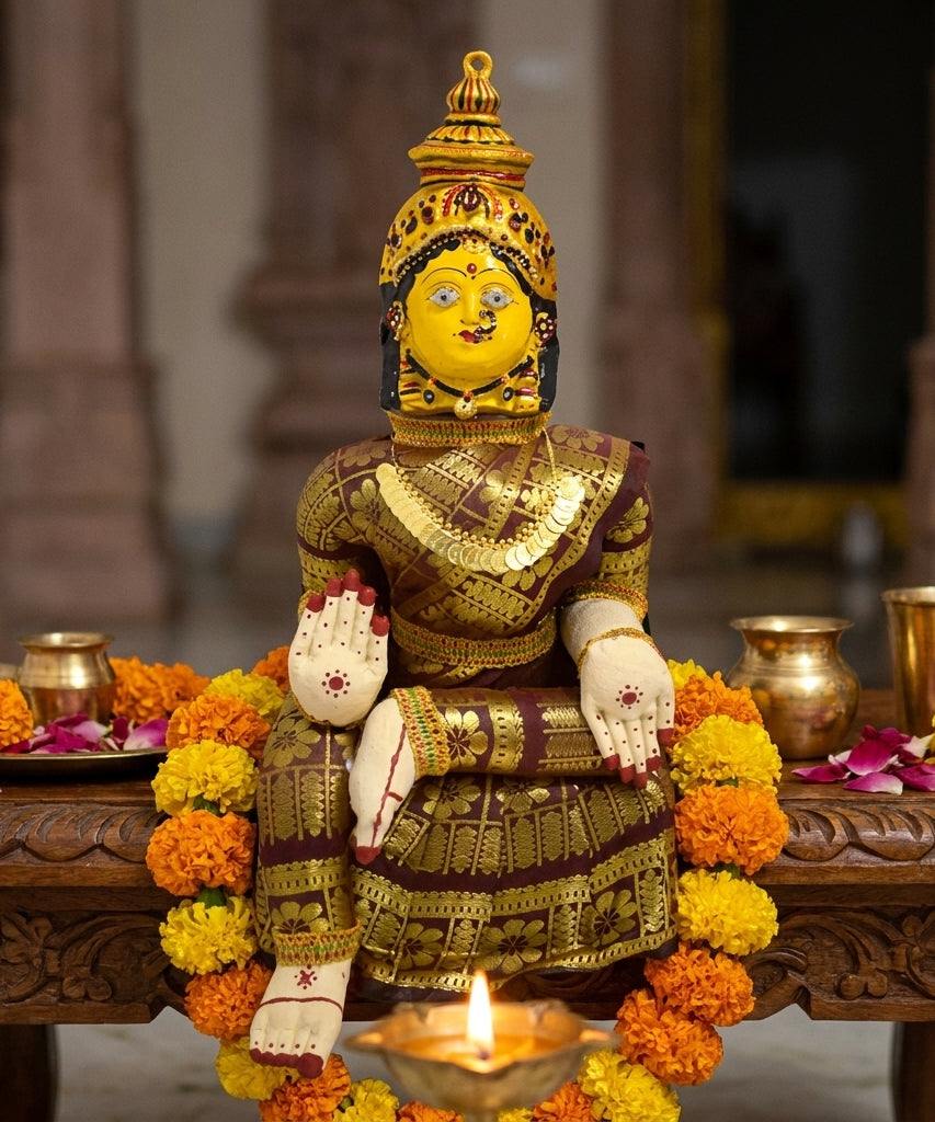 Varamahalakshmi Idol Gold and Brown Saree