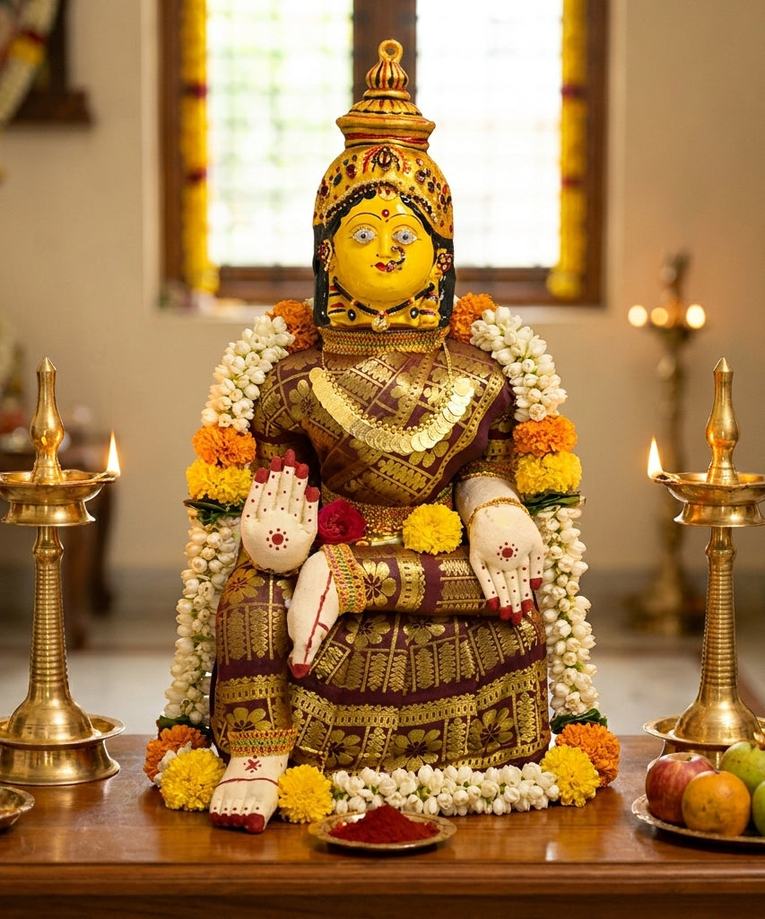 Varamahalakshmi Idol Gold and Brown Saree