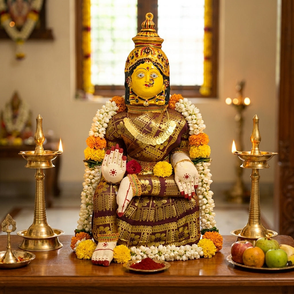 Varamahalakshmi Idol Gold and Brown Saree