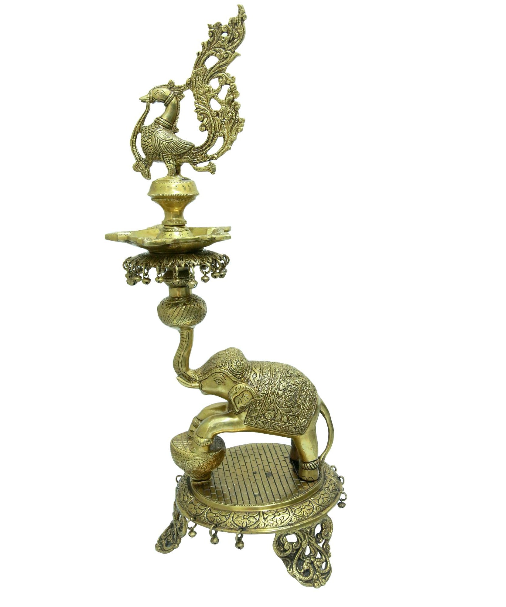Brass Peacock Diya On Dancing Elephant 2 Feet