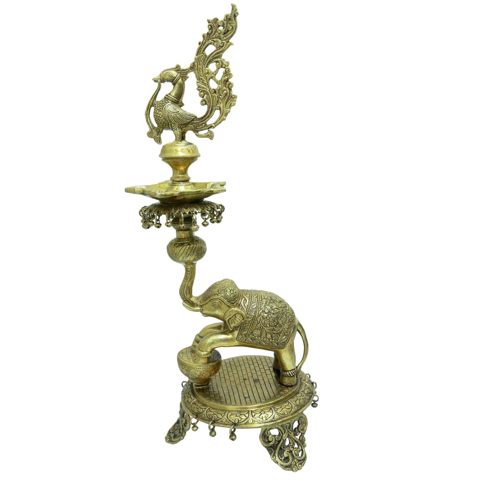 Brass Peacock Diya On Dancing Elephant 2 Feet