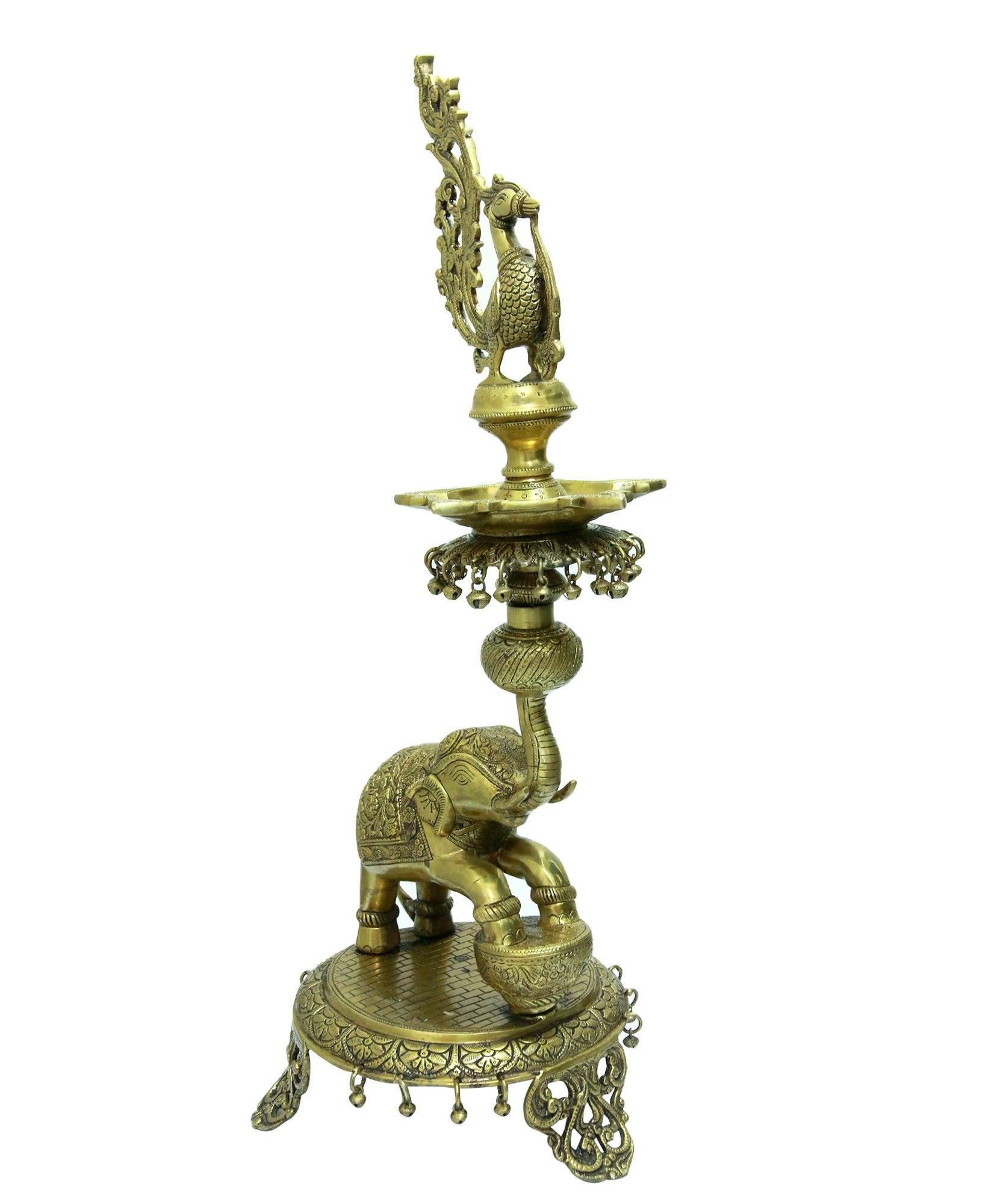 Brass Peacock Diya On Dancing Elephant 2 Feet