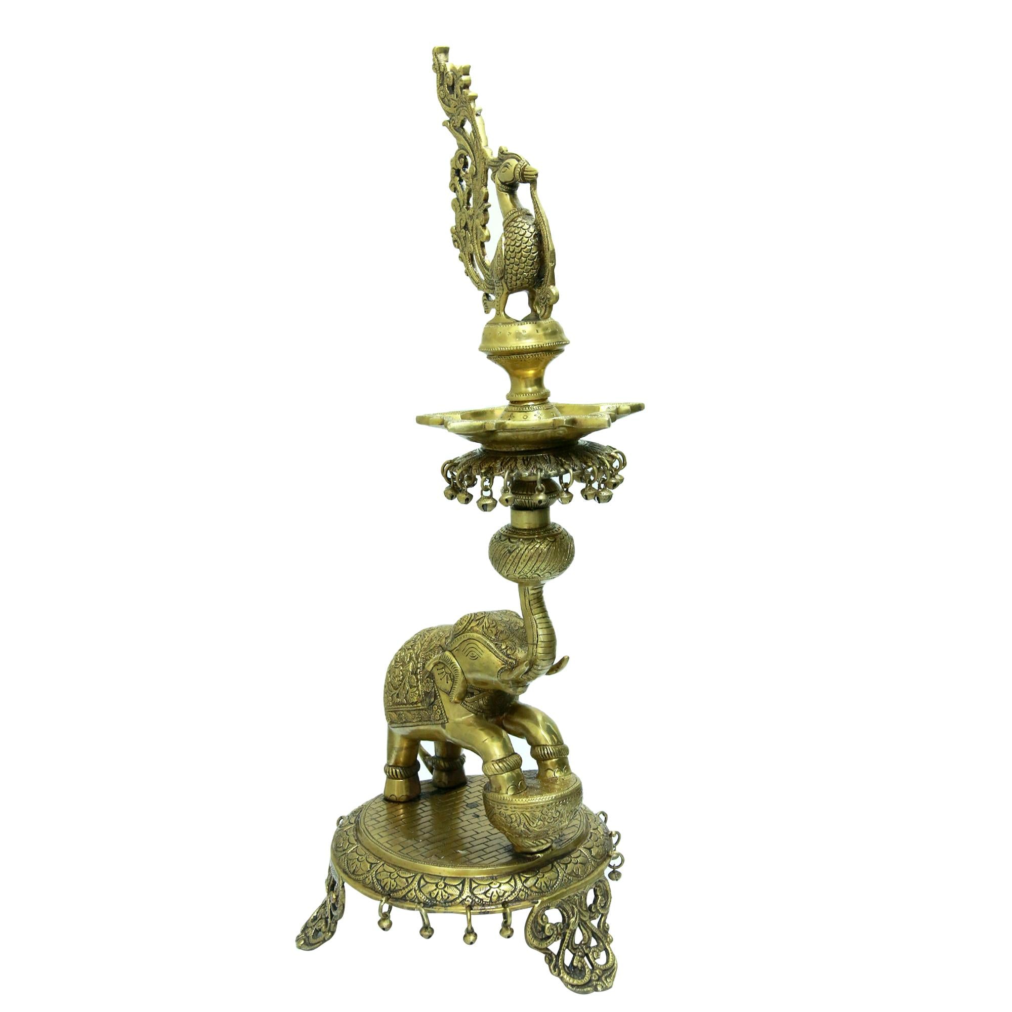 Brass Peacock Diya On Dancing Elephant 2 Feet