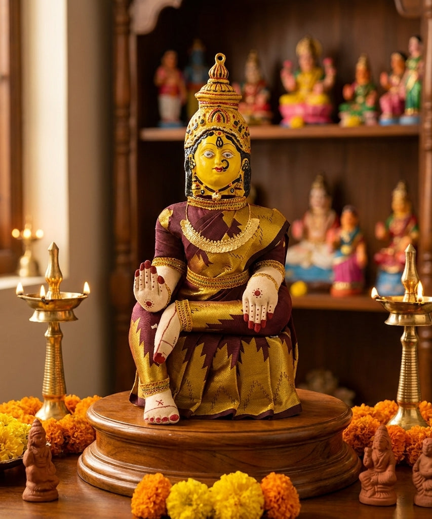 Varamahalakshmi Idol Gold and Maroon Saree