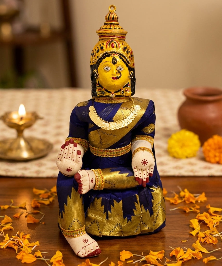 Varamahalakshmi Idol Gold and Blue Saree