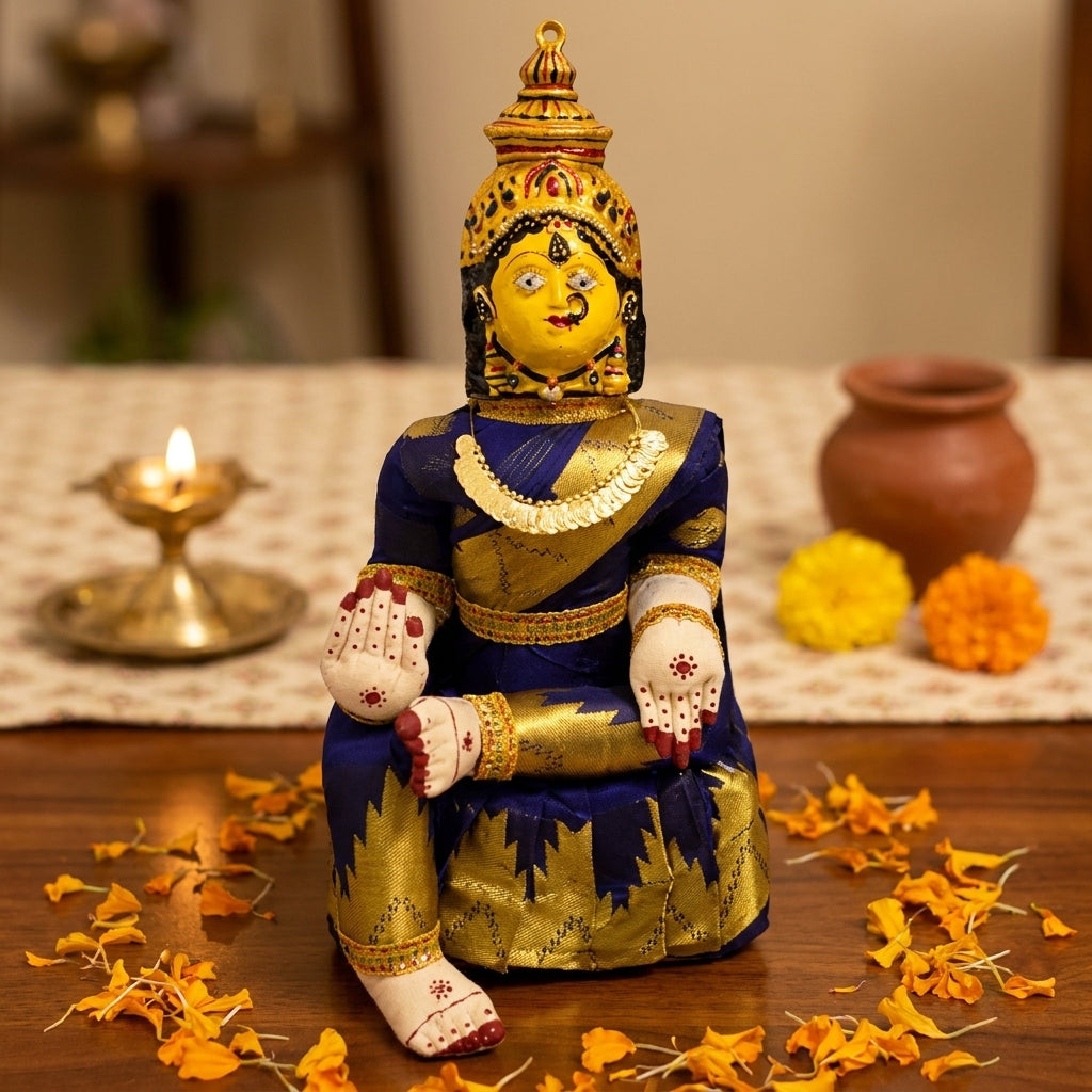 Varamahalakshmi Idol Gold and Blue Saree
