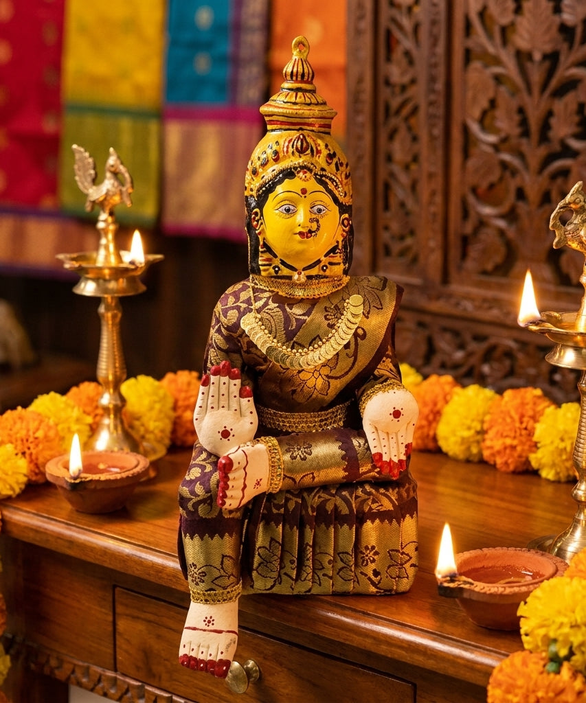 Varamahalakshmi Idol Gold and Maroon Saree