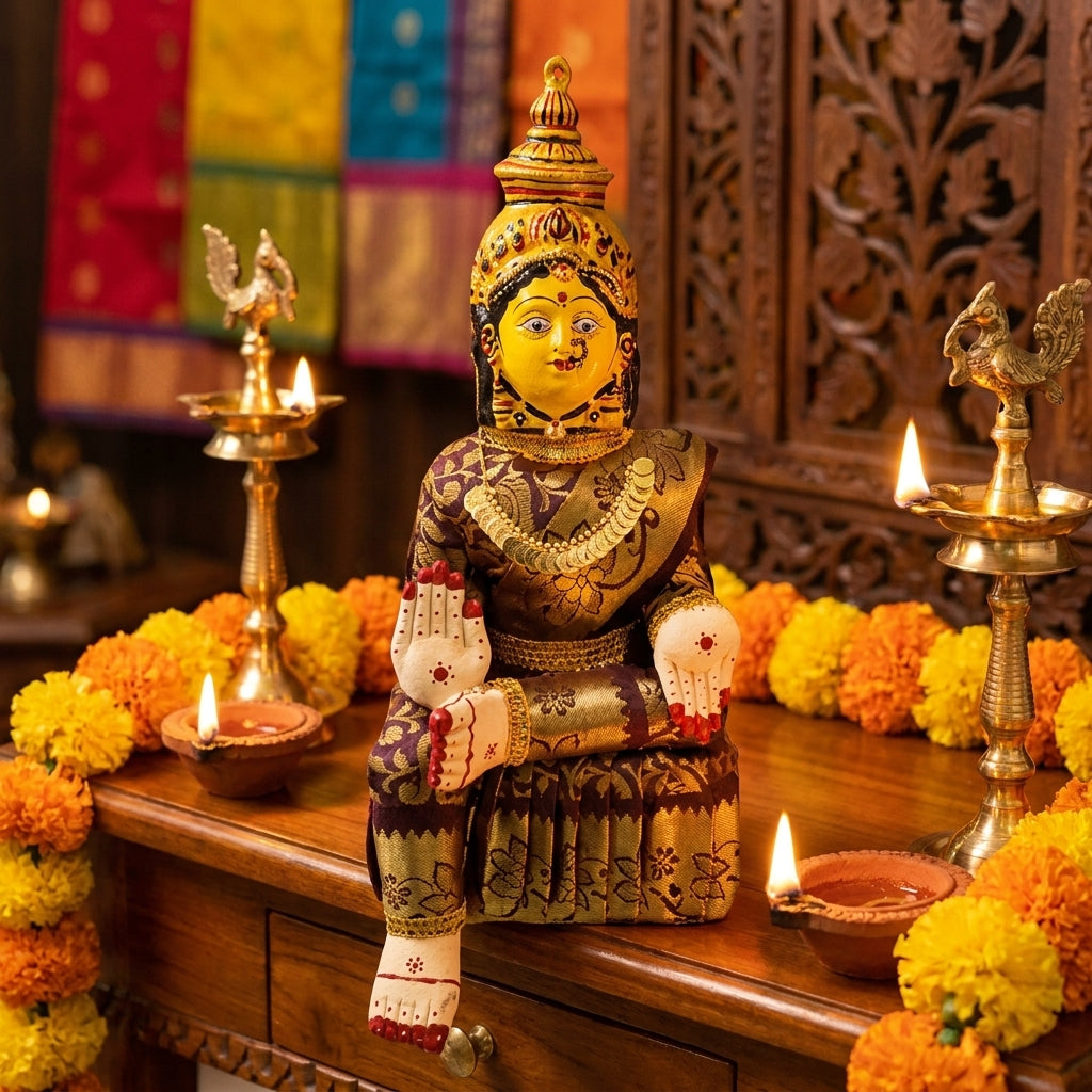Varamahalakshmi Idol Gold and Maroon Saree
