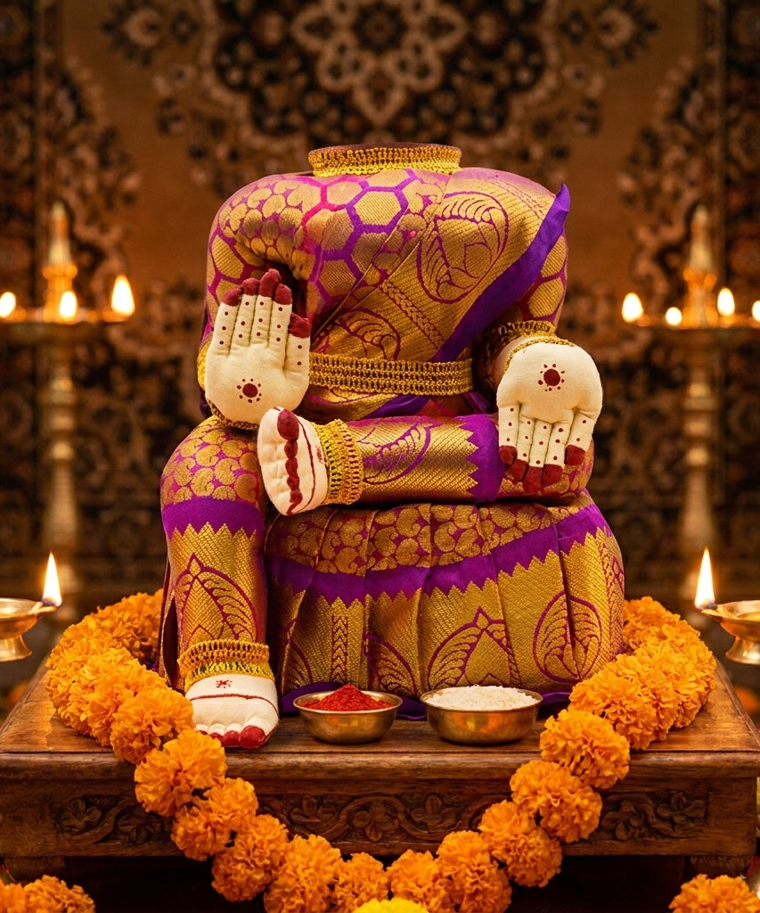 Varamahalakshmi Idol With Violet And Gold Saree