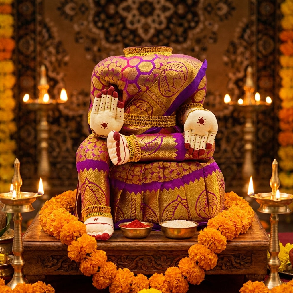 Varamahalakshmi Idol With Violet And Gold Saree