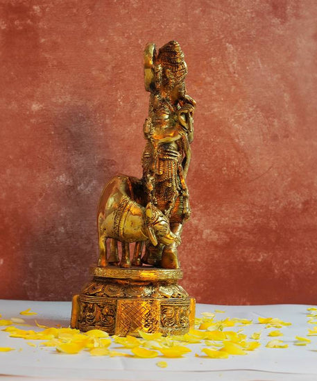 Brass Krishna with Cow Standing Playing Flute Idol Statue for Home Mandir Pooja Krishan Ji Murti Temple Puja Office Home Decor Showpiece