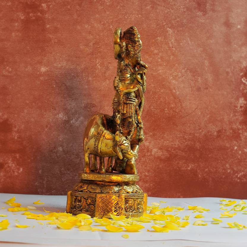 Brass Krishna with Cow Standing Playing Flute Idol Statue for Home Mandir Pooja Krishan Ji Murti Temple Puja Office Home Decor Showpiece