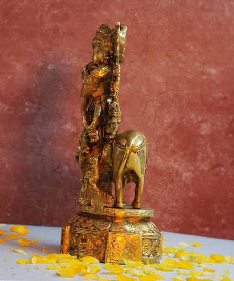 Brass Krishna with Cow Standing Playing Flute Idol Statue for Home Mandir Pooja Krishan Ji Murti Temple Puja Office Home Decor Showpiece