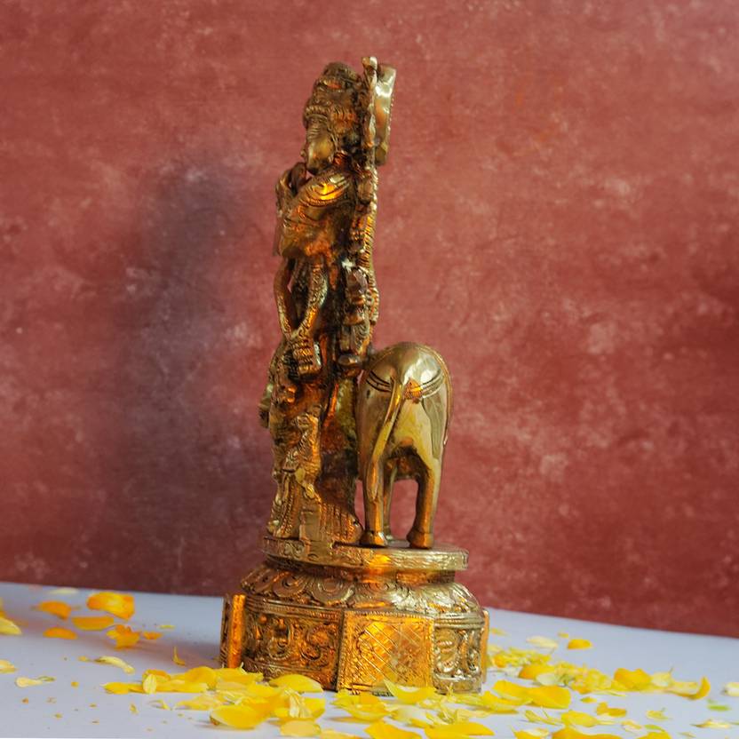Brass Krishna with Cow Standing Playing Flute Idol Statue for Home Mandir Pooja Krishan Ji Murti Temple Puja Office Home Decor Showpiece