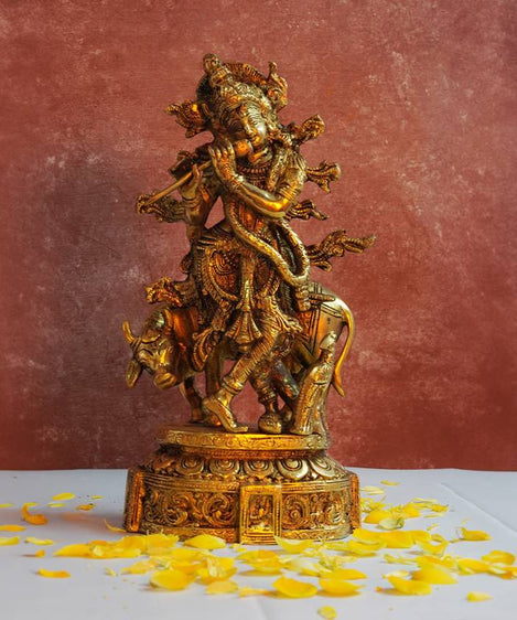 Brass Krishna with Cow Standing Playing Flute Idol Decorative Showpiece - 15 cm (Brass, Brown)