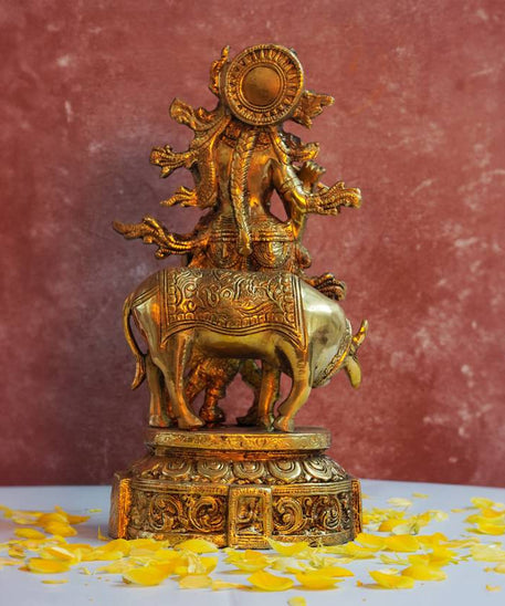 Brass Krishna with Cow Standing Playing Flute Idol Statue for Home Mandir Pooja Krishan Ji Murti Temple Puja Office Home Decor Showpiece