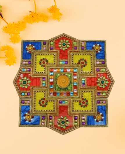 Kundan Stone Acrylic Rangoli Set with Tealight Candle Holder